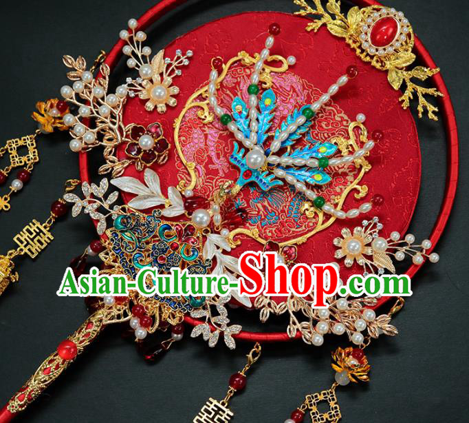 China Traditional Handmade Blueing Phoenix Palace Fan Classical Wedding Red Tassel Circular Fan China Traditional Handmade Blueing Phoenix Palace Fan Classical Wedding Red Tassel Circular Fan