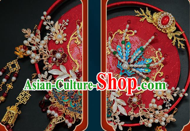 China Traditional Handmade Blueing Phoenix Palace Fan Classical Wedding Red Tassel Circular Fan China Traditional Handmade Blueing Phoenix Palace Fan Classical Wedding Red Tassel Circular Fan