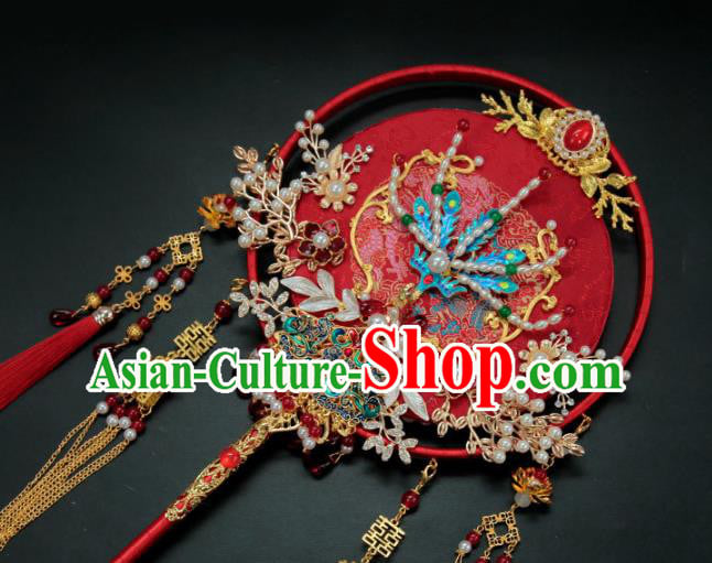 China Traditional Handmade Blueing Phoenix Palace Fan Classical Wedding Red Tassel Circular Fan China Traditional Handmade Blueing Phoenix Palace Fan Classical Wedding Red Tassel Circular Fan