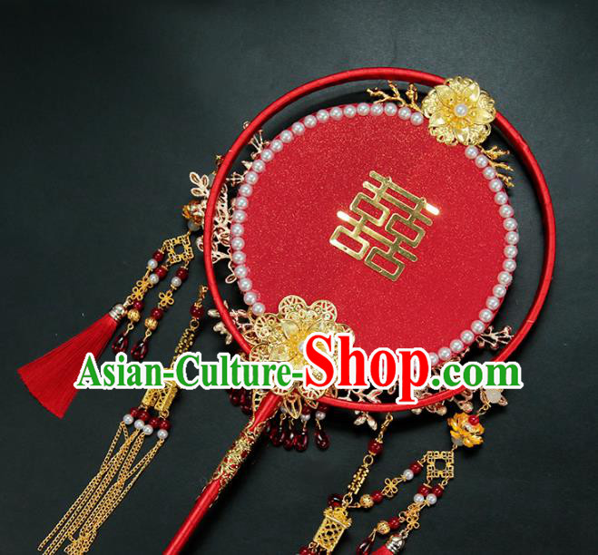 China Traditional Handmade Blueing Phoenix Palace Fan Classical Wedding Red Tassel Circular Fan China Traditional Handmade Blueing Phoenix Palace Fan Classical Wedding Red Tassel Circular Fan