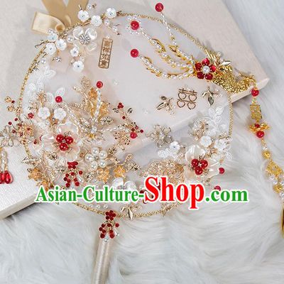 China Traditional Handmade Shell Plum Blossom Palace Fan Classical Wedding Golden Phoenix Circular Fan