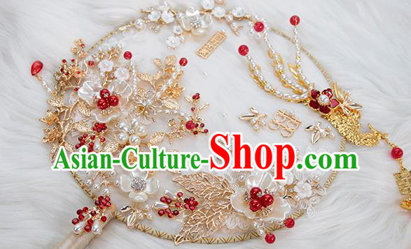 China Traditional Handmade Shell Plum Blossom Palace Fan Classical Wedding Golden Phoenix Circular Fan China Traditional Handmade Shell Plum Blossom Palace Fan Classical Wedding Golden Phoenix Circular Fan