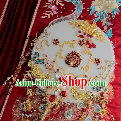 China Classical Wedding Golden Phoenix Tassel Circular Fan Handmade Palace Fan Traditional Shell Flowers Silk Fan