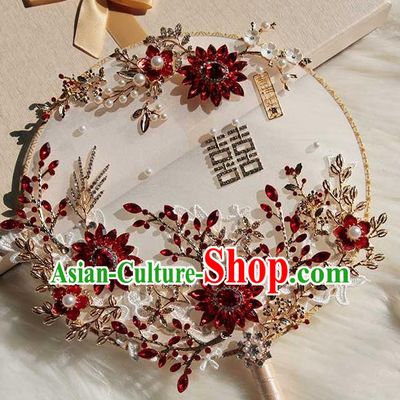 China Traditional Red Crystal Fan Classical Wedding Lace Flowers Circular Fan Handmade Palace Fan