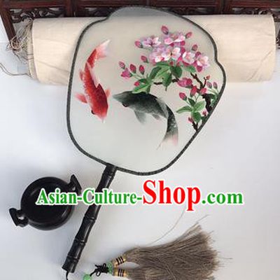 China Traditional Rosewood Fan Embroidered Flowers Fishes Silk Fan Handmade Palace Fan