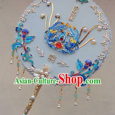 China Traditional Blueing Phoenix Fan Handmade Shell Flower Palace Fan Classical Wedding White Circular Fan
