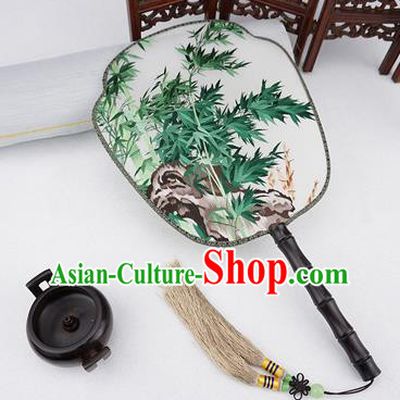 China Embroidered Bamboo Painting Silk Fan Traditional Rosewood Fan Handmade Palace Fan
