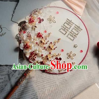 China Traditional Pearls Plum Circular Fan Handmade Wedding Palace Fan Bride Classical Dance Fan