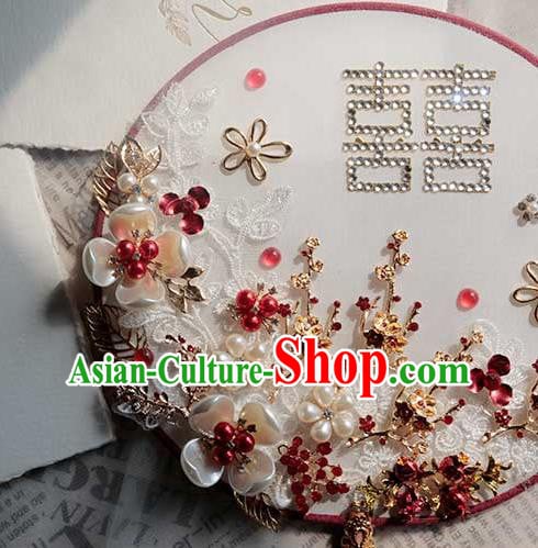 China Traditional Pearls Plum Circular Fan Handmade Wedding Palace Fan Bride Classical Dance Fan China Traditional Pearls Plum Circular Fan Handmade Wedding Palace Fan Bride Classical Dance Fan