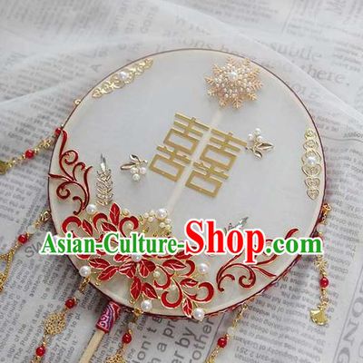 China Classical Dance Enamel Red Flower Circular Fan Handmade Wedding Palace Fan Traditional Bride Fan