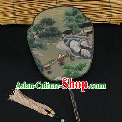 China Traditional Hanfu Silk Fan Embroidered Landscape Painting Fan Handmade Rosewood Palace Fans