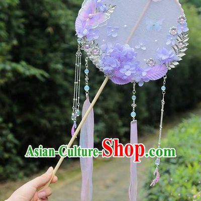 China Traditional Bride Lilac Silk Fan Classical Dance Circular Fan Handmade Wedding Purple Flowers Butterfly Palace Fan