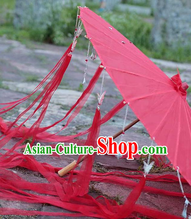 China Handmade Red Silk Umbrella Traditional Ribbon Tassel Umbrella China Handmade Red Silk Umbrella Traditional Ribbon Tassel Umbrella