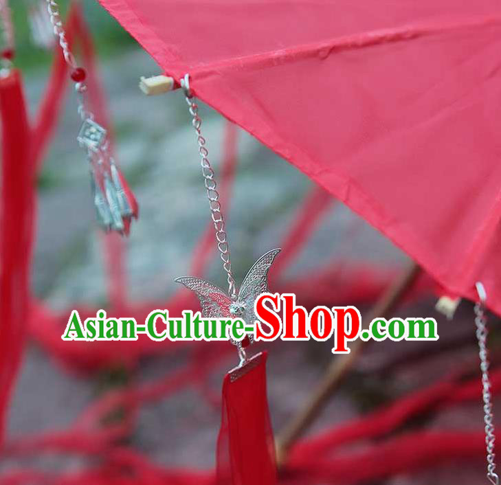 China Handmade Red Silk Umbrella Traditional Ribbon Tassel Umbrella China Handmade Red Silk Umbrella Traditional Ribbon Tassel Umbrella
