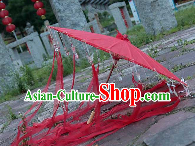 China Handmade Red Silk Umbrella Traditional Ribbon Tassel Umbrella China Handmade Red Silk Umbrella Traditional Ribbon Tassel Umbrella