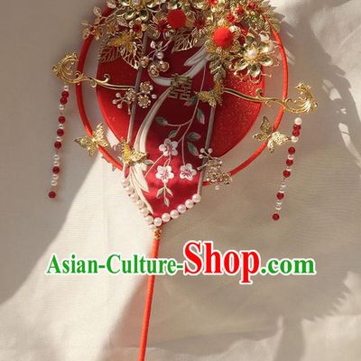 China Traditional Bride Golden Flowers Fan Classical Dance Circular Fan Handmade Wedding Red Silk Palace Fan