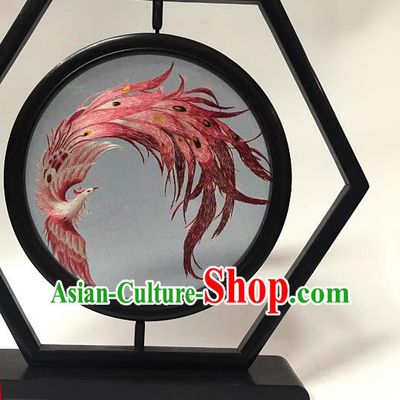 China Suzhou Embroidered Craft Handmade Wenge Ornament Traditional Embroidery Phoenix Table Screen