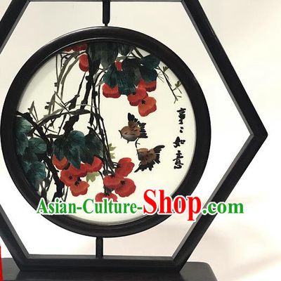 China Handmade Wenge Table Screen Ornament Traditional Embroidery Persimmon Craft