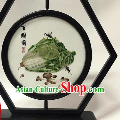 China Traditional Embroidery Celery Cabbage Craft Handmade Wenge Table Screen Ornament