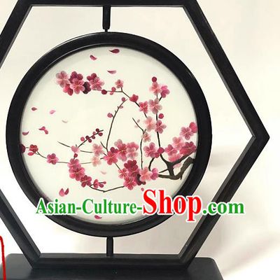 China Handmade Ornament Wenge Embroidered Table Screen Traditional Embroidery Plum Blossom Craft
