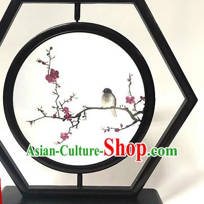 China Handmade Wenge Ornament Traditional Embroidery Plum Blossom Craft Embroidered Hexagon Table Screen