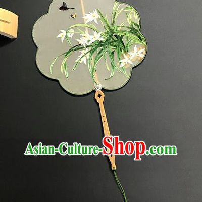 China Traditional Suzhou Embroidery Hanfu Fan Embroidered Orchids Silk Fan Handmade Palace Fan