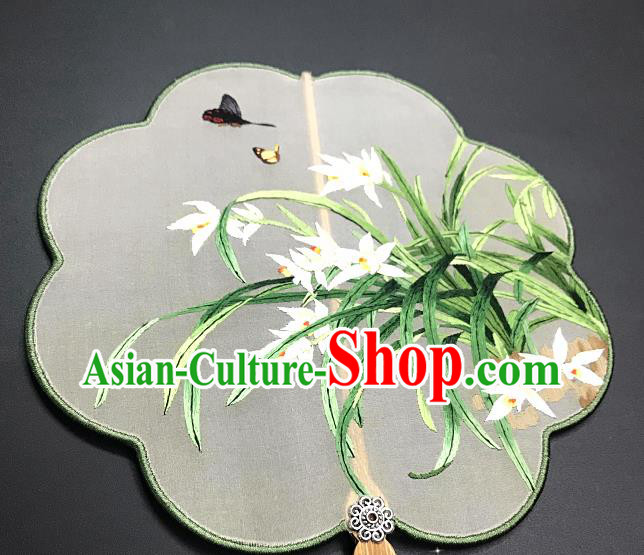 China Traditional Suzhou Embroidery Hanfu Fan Embroidered Orchids Silk Fan Handmade Palace Fan China Traditional Suzhou Embroidery Hanfu Fan Embroidered Orchids Silk Fan Handmade Palace Fan
