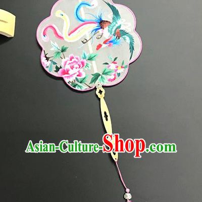 China Traditional Hanfu Fan Embroidered Phoenix Peony Silk Fan Handmade Palace Fan Suzhou Embroidery Craft