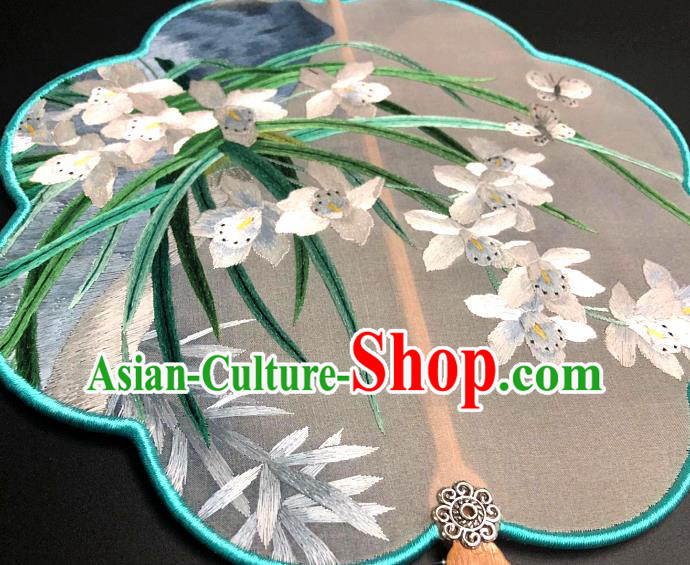 China Embroidered Orchids Silk Fan Handmade Palace Fan Suzhou Embroidery Craft Traditional Hanfu Fan China Embroidered Orchids Silk Fan Handmade Palace Fan Suzhou Embroidery Craft Traditional Hanfu Fan