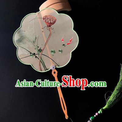 China Suzhou Embroidery Craft Handmade Palace Fan Traditional Hanfu Fan Embroidered Lotus Seedpod Silk Fan