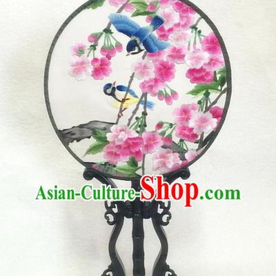 China Handmade Embroidered Begonia Birds Silk Fan Traditional Hanfu Circular Fan Classical Dance Palace Fan