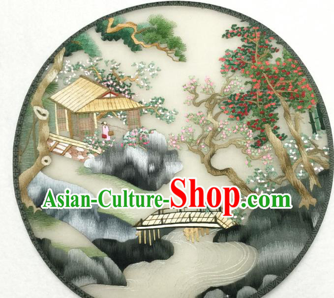 Handmade China Silk Fan Traditional Hanfu Circular Fan Embroidered Waterside Pavilion Palace Fan Handmade China Silk Fan Traditional Hanfu Circular Fan Embroidered Waterside Pavilion Palace Fan