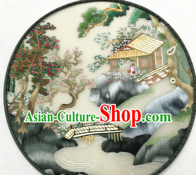 Handmade China Silk Fan Traditional Hanfu Circular Fan Embroidered Waterside Pavilion Palace Fan Handmade China Silk Fan Traditional Hanfu Circular Fan Embroidered Waterside Pavilion Palace Fan