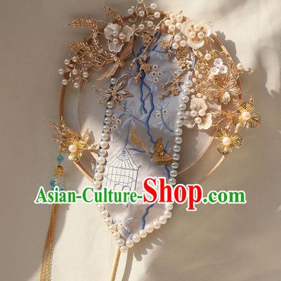 China Traditional Bride Golden Plum Fan Classical Dance Circular Fan Handmade Wedding Embroidered Palace Fan