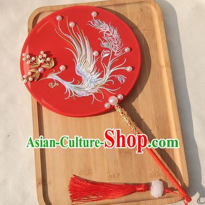 China Handmade Wedding Embroidered Phoenix Palace Fan Traditional Bride Red Silk Fan Classical Dance Circular Fan