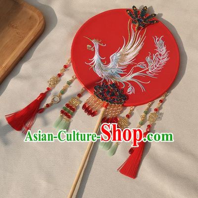 China Handmade Wedding Red Tassel Palace Fan Traditional Bride Embroidered Phoenix Circular Fan Classical Dance Silk Fan