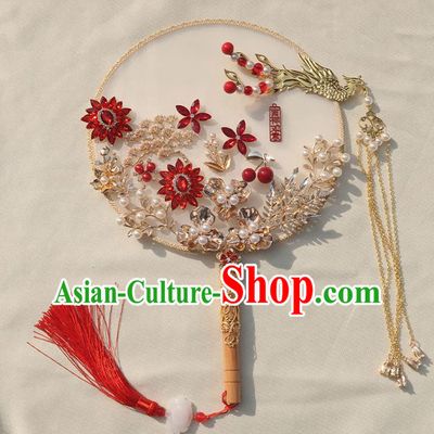 China Classical Dance Golden Phoenix Tassel Silk Fan Traditional Wedding Pearls Circular Fan Handmade Bride Red Crystal Palace Fan