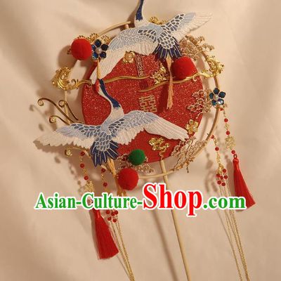 China Handmade Bride Palace Fan Classical Dance Red Circular Fan Traditional Wedding Embroidered Crane Fan