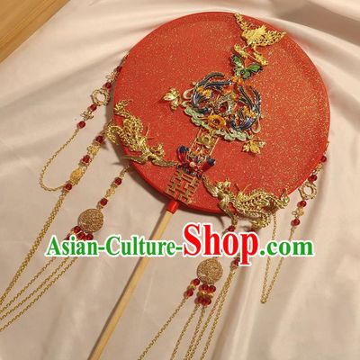 China Classical Dance Cloisonne Butterfly Circular Fan Handmade Bride Palace Fan Traditional Wedding Golden Phoenix Tassel Fan