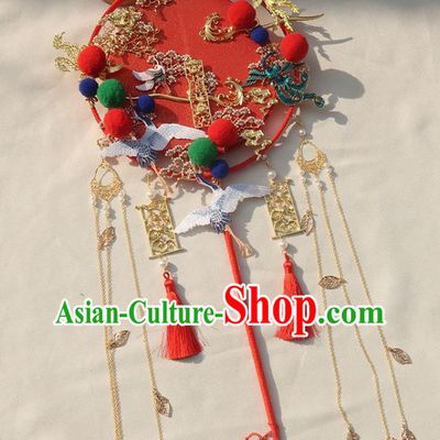 China Classical Dance Red Silk Fan Traditional Wedding Embroidered Crane Circular Fan Handmade Bride Golden Tassel Palace Fan