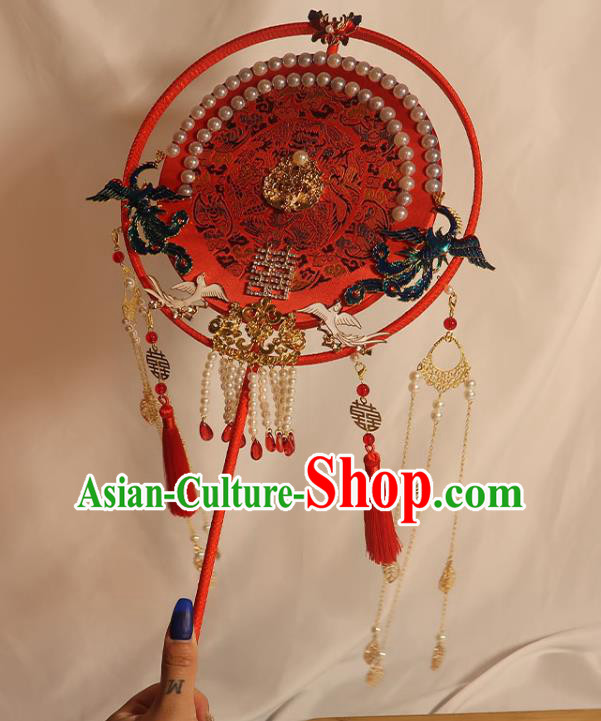 China Traditional Wedding Embroidered Red Fan Handmade Bride Palace Fan Classical Dance Pearls Fan China Traditional Wedding Embroidered Red Fan Handmade Bride Palace Fan Classical Dance Pearls Fan
