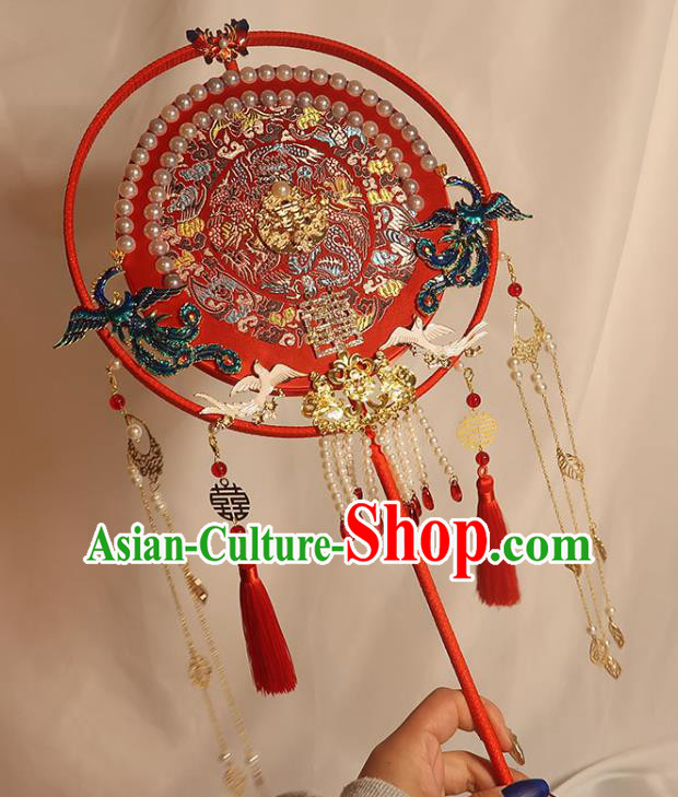 China Traditional Wedding Embroidered Red Fan Handmade Bride Palace Fan Classical Dance Pearls Fan China Traditional Wedding Embroidered Red Fan Handmade Bride Palace Fan Classical Dance Pearls Fan