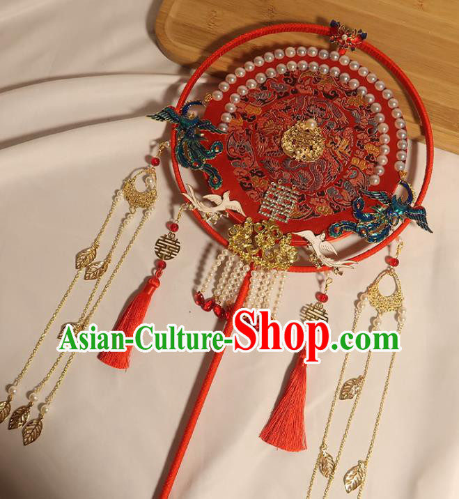 China Traditional Wedding Embroidered Red Fan Handmade Bride Palace Fan Classical Dance Pearls Fan China Traditional Wedding Embroidered Red Fan Handmade Bride Palace Fan Classical Dance Pearls Fan