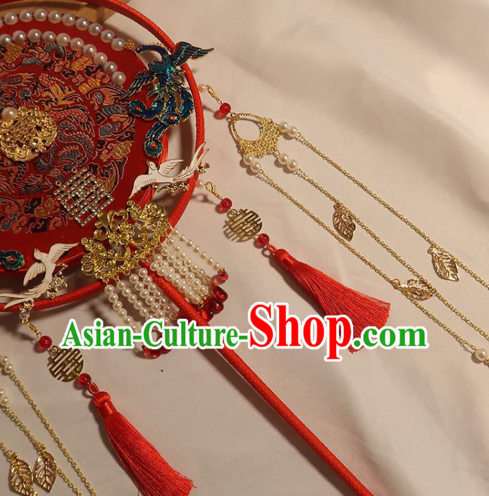 China Traditional Wedding Embroidered Red Fan Handmade Bride Palace Fan Classical Dance Pearls Fan China Traditional Wedding Embroidered Red Fan Handmade Bride Palace Fan Classical Dance Pearls Fan