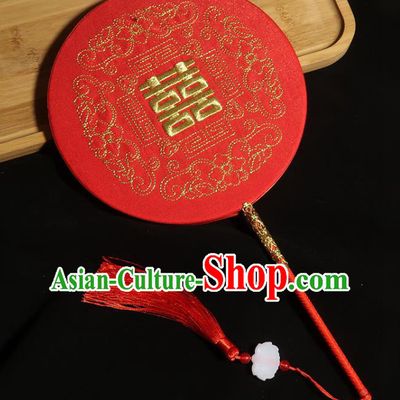 China Handmade Bride Embroidered Palace Fan Classical Dance Circular Fan Traditional Wedding Red Silk Fan