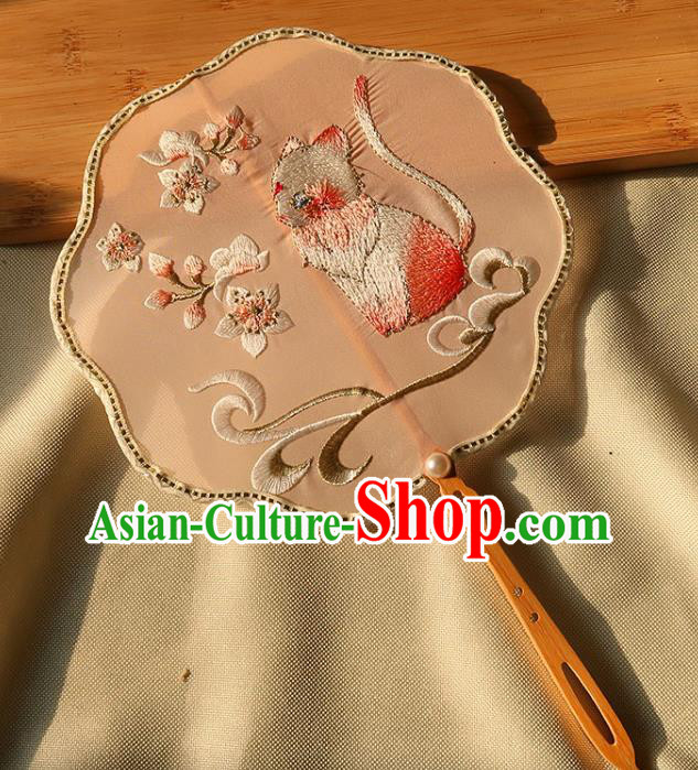 China Traditional Ancient Princess Embroidered Cat Circular Fan Handmade Hanfu Fan Bride Palace Fan China Traditional Ancient Princess Embroidered Cat Circular Fan Handmade Hanfu Fan Bride Palace Fan