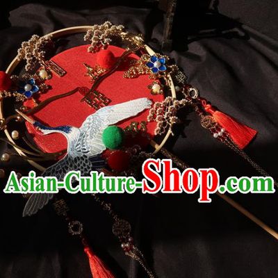 China Ancient Princess Embroidered Crane Circular Fan Traditional Wedding Palace Fan Handmade Hanfu Red Silk Fan