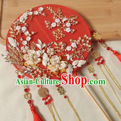China Traditional Wedding Red Palace Fan Handmade Hanfu Fan Ancient Princess Plum Blossom Circular Fan