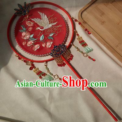 China Handmade Hanfu Embroidered Crane Flowers Silk Fan Traditional Wedding Palace Fan Ancient Princess Red Circular Fan
