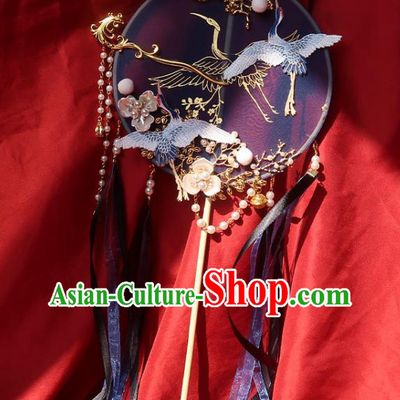 China Traditional Wedding Embroidered Crane Palace Fan Ancient Princess Circular Fan Handmade Hanfu Deep Blue Silk Fan